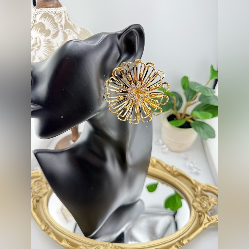 Statement Gold Flower Earrings with Cubic Zirconia – Bold Bloom Design - Picture 4 of 7